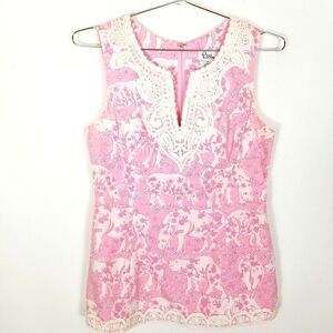 VTG Lilly Pulitzer Women Pink Run for The Rose Top Blouse Sz 6 Lace Trim Summer